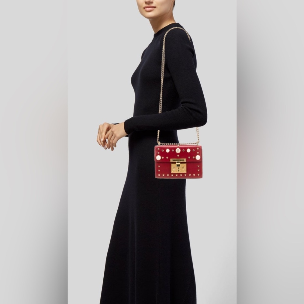 GUCCI Red Leather Stud & Faux Pearl Padlock Shoulder Bag - Picture 10 of 10